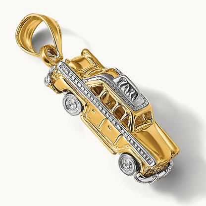3-D Taxi with Moveable Tires Charm, 14K with White Rhodium