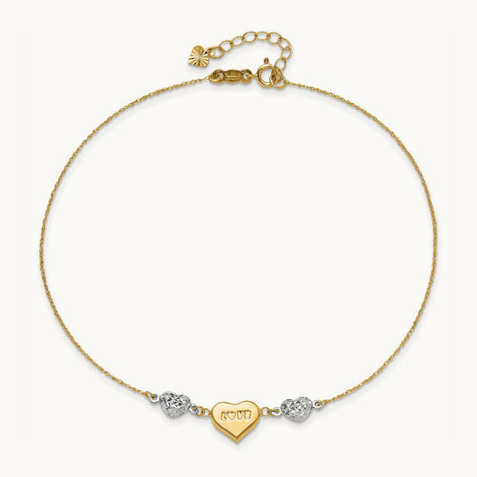 Diamond-cut Puffed Heart LOVE 10in Plus 1in ext. Anklet, 14K Two-tone