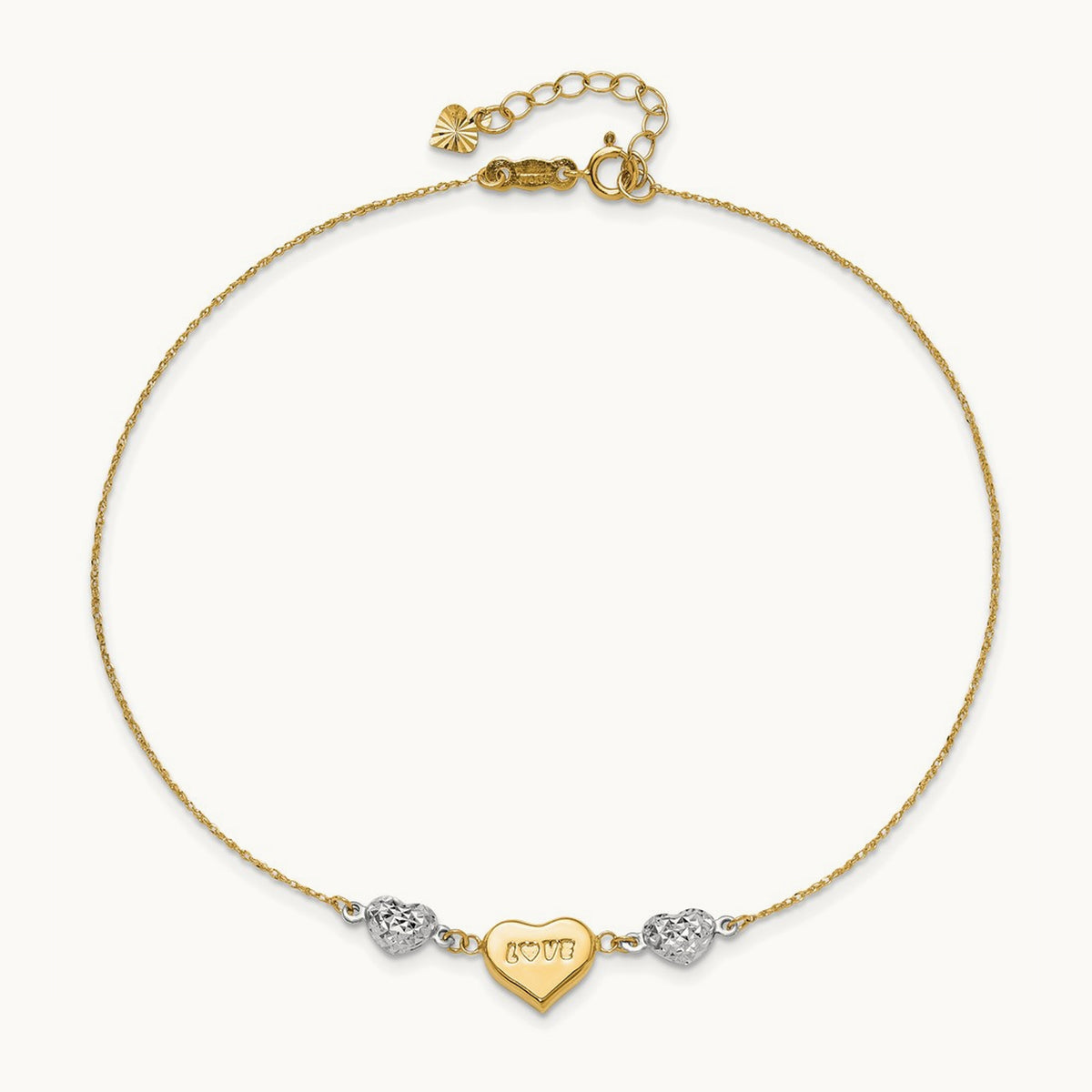 Diamond-cut Puffed Heart LOVE 9in Plus 1in ext Anklet, 14K Two-tone
