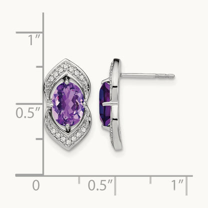 Amethyst and Diamond Post Earrings, 14K White Gold