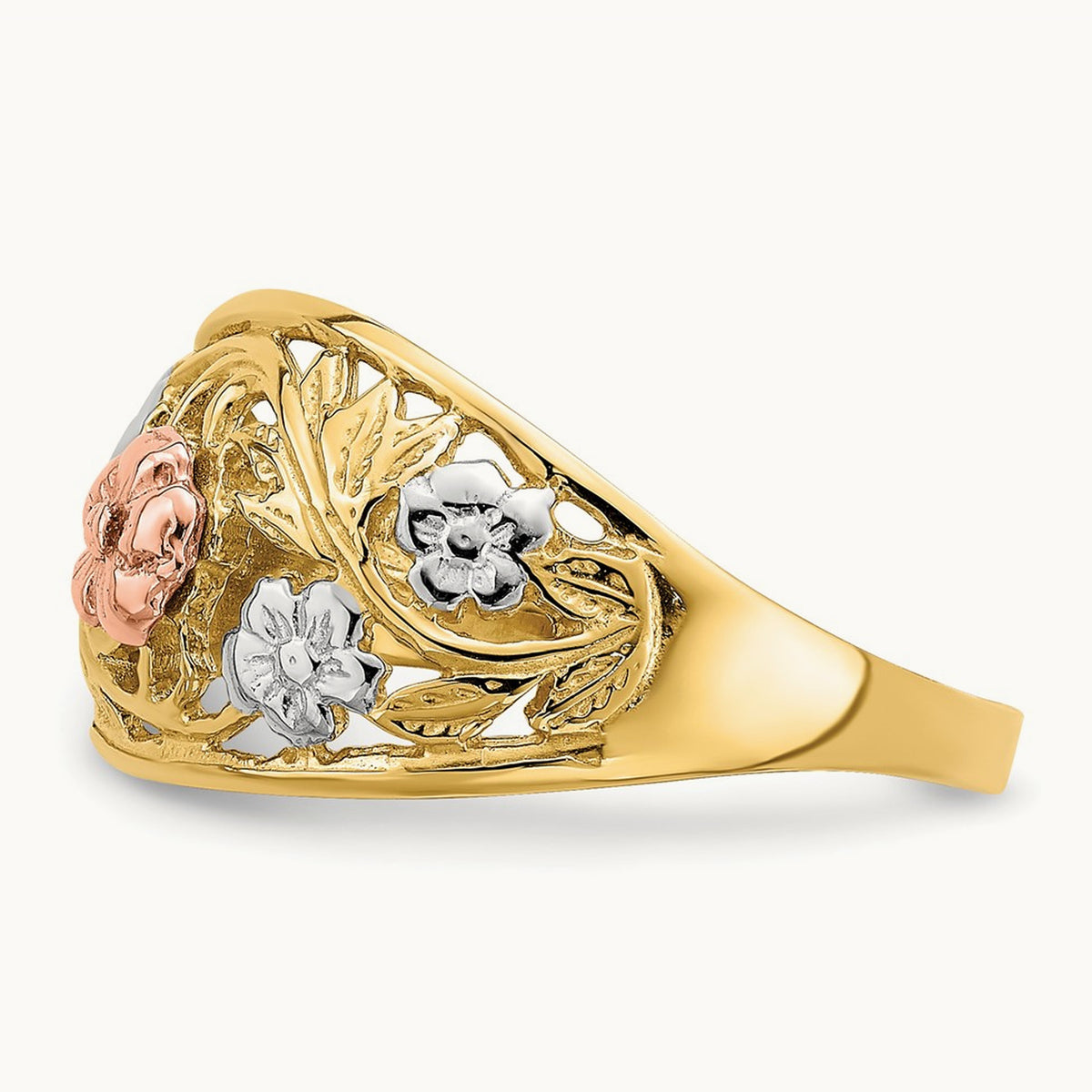 Tri- Color w/White Rhodium Floral Dome Ring, 14K