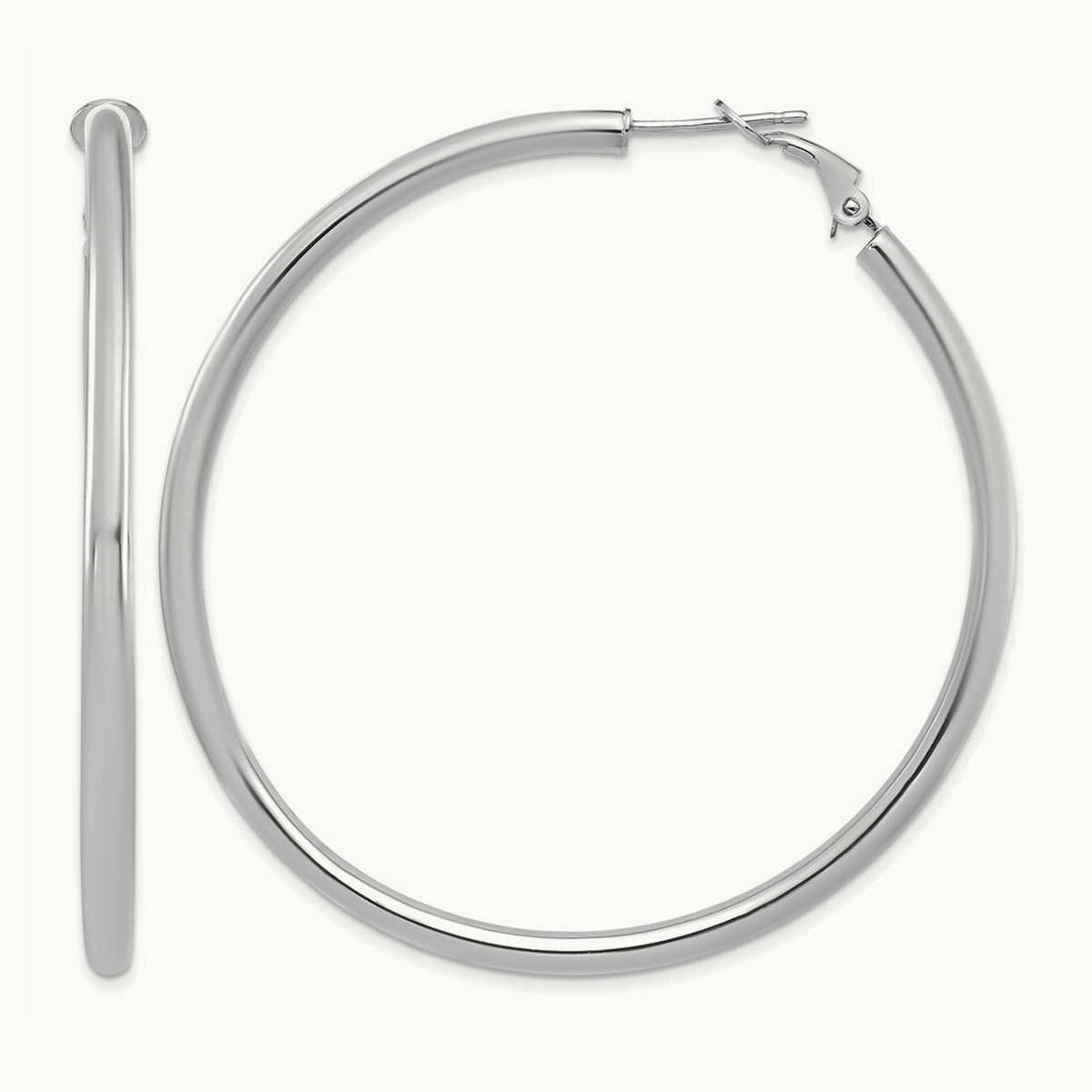 Polished Round Omega Back Hoop Earrings — 14K White Gold, 3x57mm