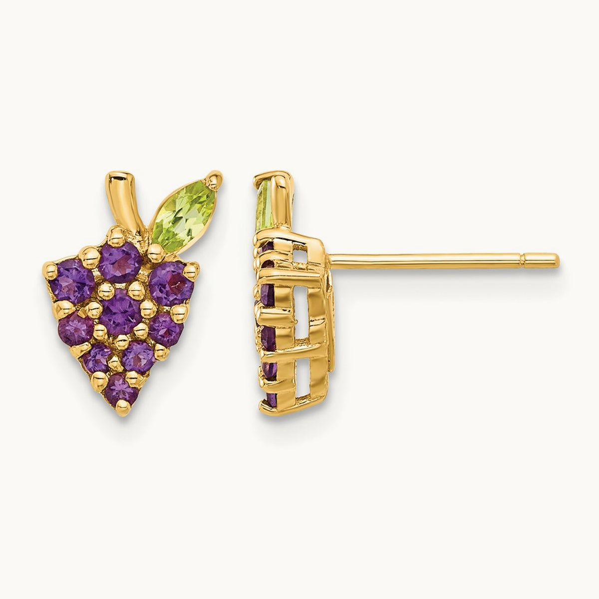 Amethyst and Peridot Grapes Post Earrings, 14K Gold