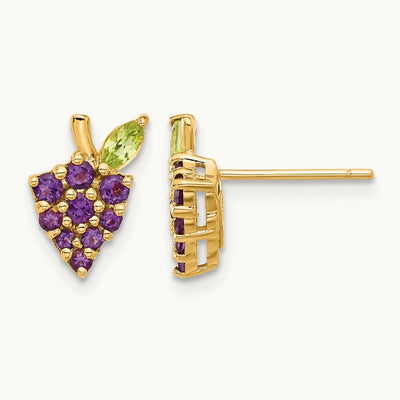 Amethyst and Peridot Grapes Post Earrings, 14K Gold
