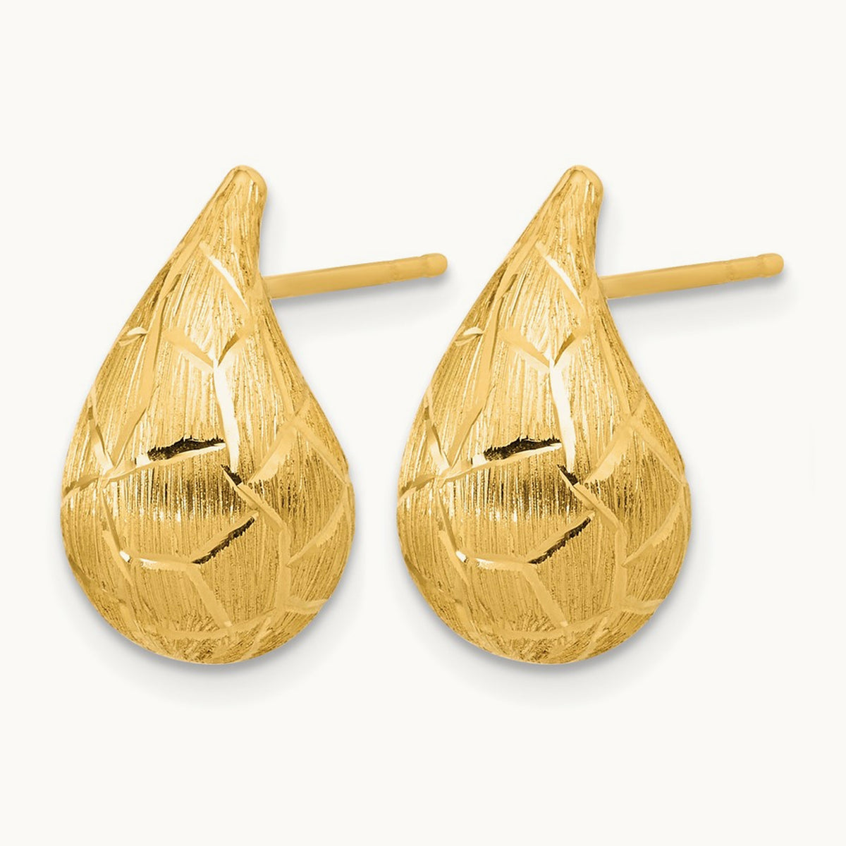 Polished/Brushed/Dia-cut Puffed Teardrop Post Earrings, 14K — Leslie's