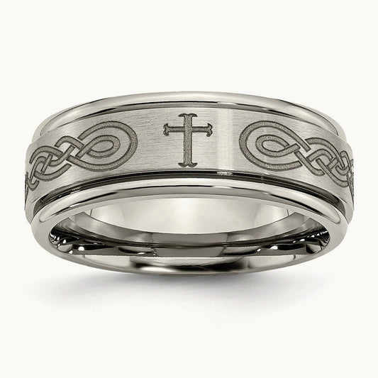 Brushed & Polished Cross Laser Design Ridged Edge Band — photo set