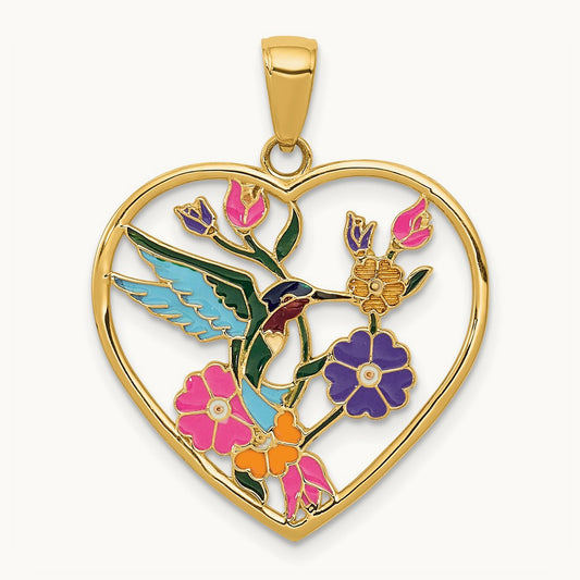 Enameled Hummingbird w/Flowers Heart Pendant, 14K