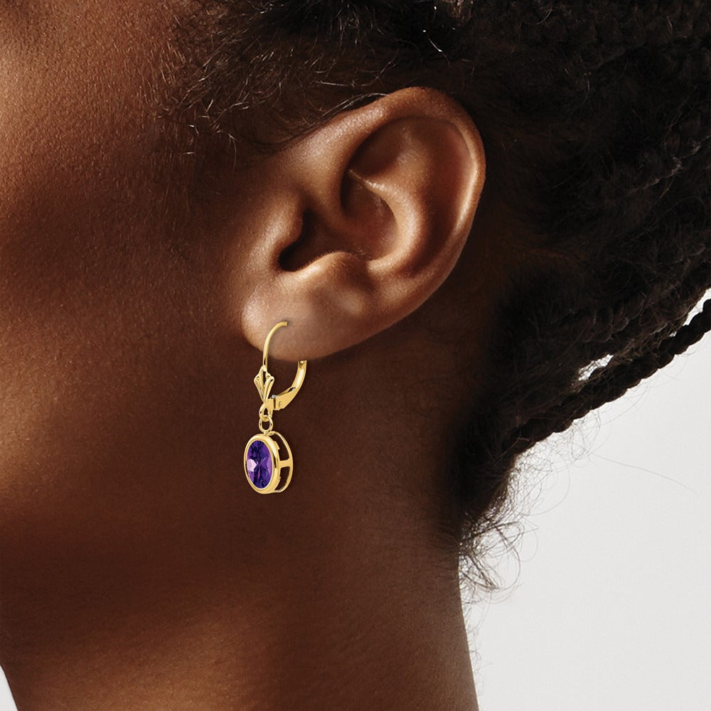 Oval Amethyst Leverback Earrings — 14K Yellow Gold, 27mm, 8x6mm