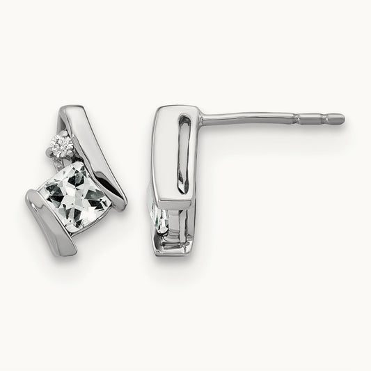 Cushion White Topaz and Diamond Earrings, 14K White Gold