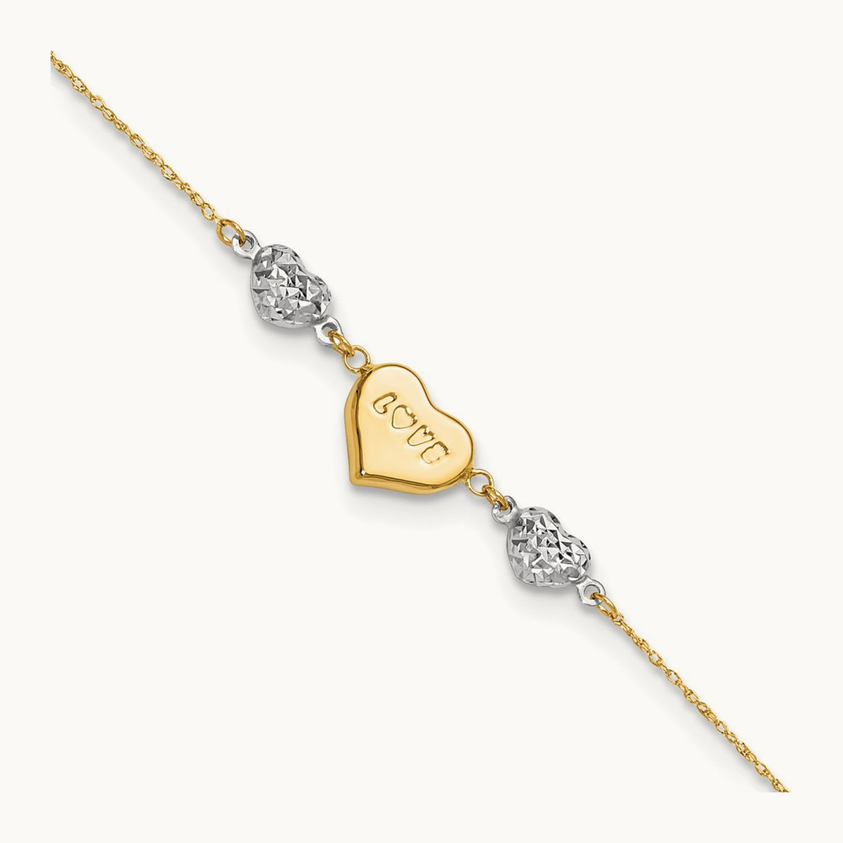 Diamond-cut Puffed Heart LOVE 10in Plus 1in ext. Anklet, 14K Two-tone