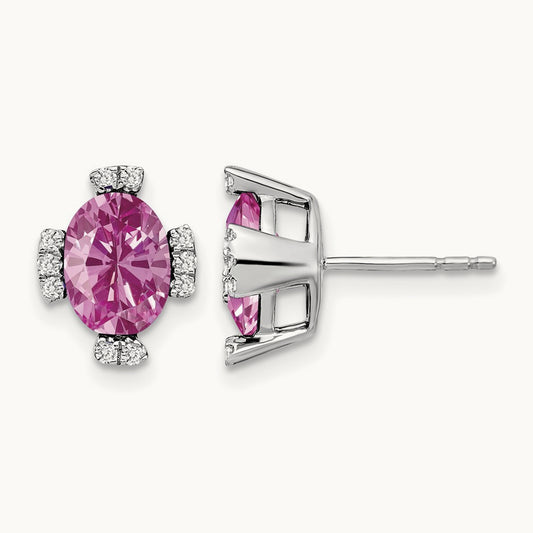 Oval Created Pink Sapphire and Diamond Earrings, 14K White Gold