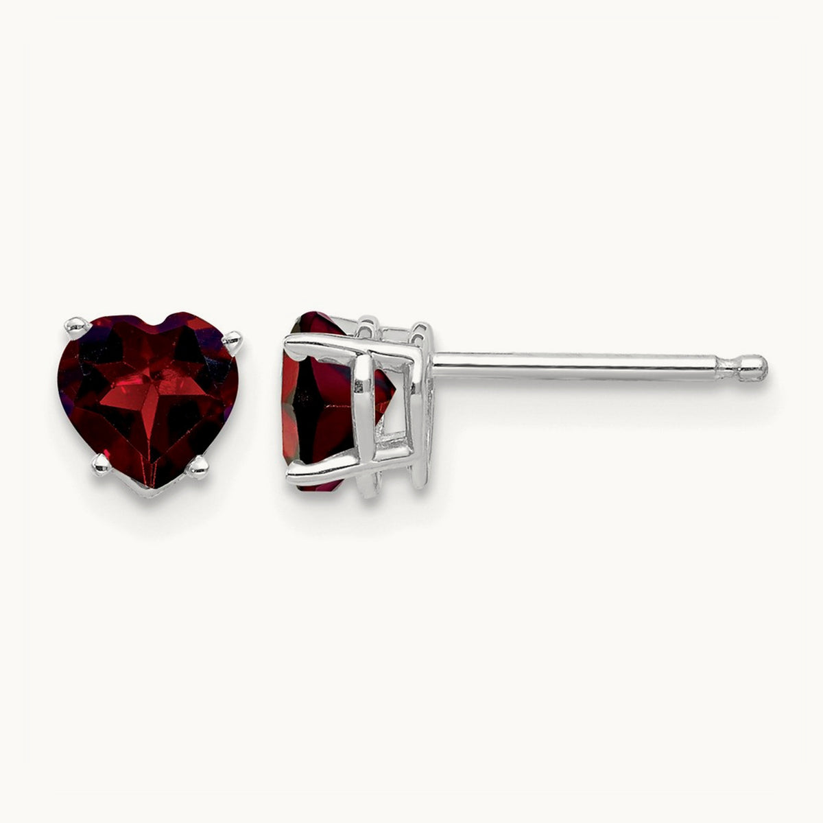 Heart Garnet Earrings, 5mm, 14K White Gold