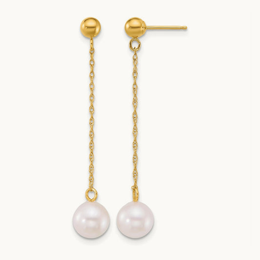 6.5- White Rnd Akoya Saltwater Cultured Pearl Dangle Earrings, 7mm, 14K
