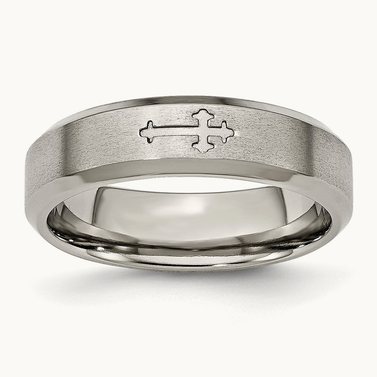 Brushed Center Cross Design Beveled Edge Band — 6mm