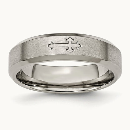 Brushed Center Cross Design Beveled Edge Band — 6mm