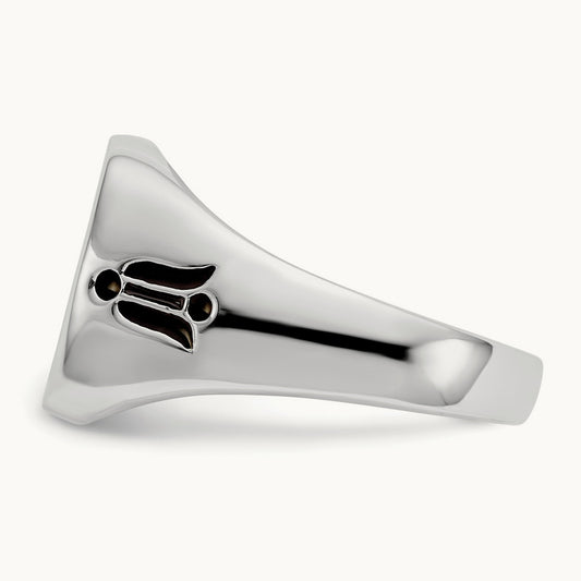 Men's Polished and Grooved with Black Enamel Masonic Ring, 14K White Gold