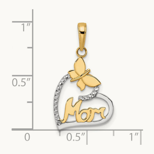 w/White Rhodium Diamond-cut Butterfly Mom in Heart Pendant, 14K