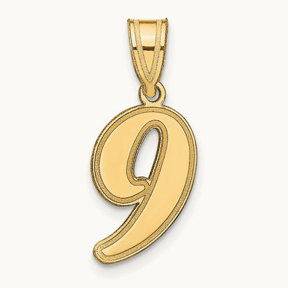 Brushed Border Script Number 9 Pendant, 14K