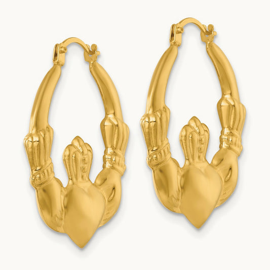 Polished Claddagh Hoop Earrings, 14K