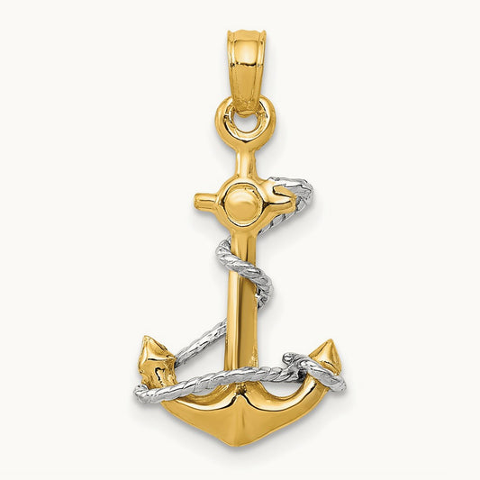 3D Anchor W/Rope Pendant — 14K Two-Tone Gold
