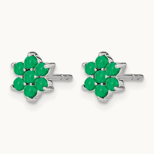 Emerald Floral Post Earrings, 14K White Gold