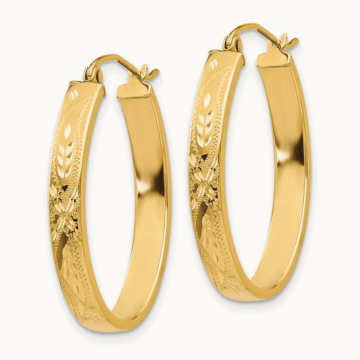 Satin & Diamond-Cut Oval Hoop Earrings, 14K