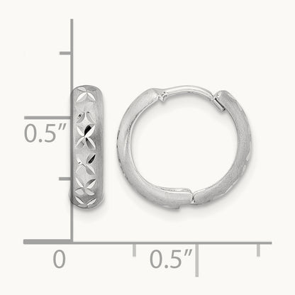 Diamond-cut X Satin 3x13mm Hinged Hoop Earrings — 14K White Gold