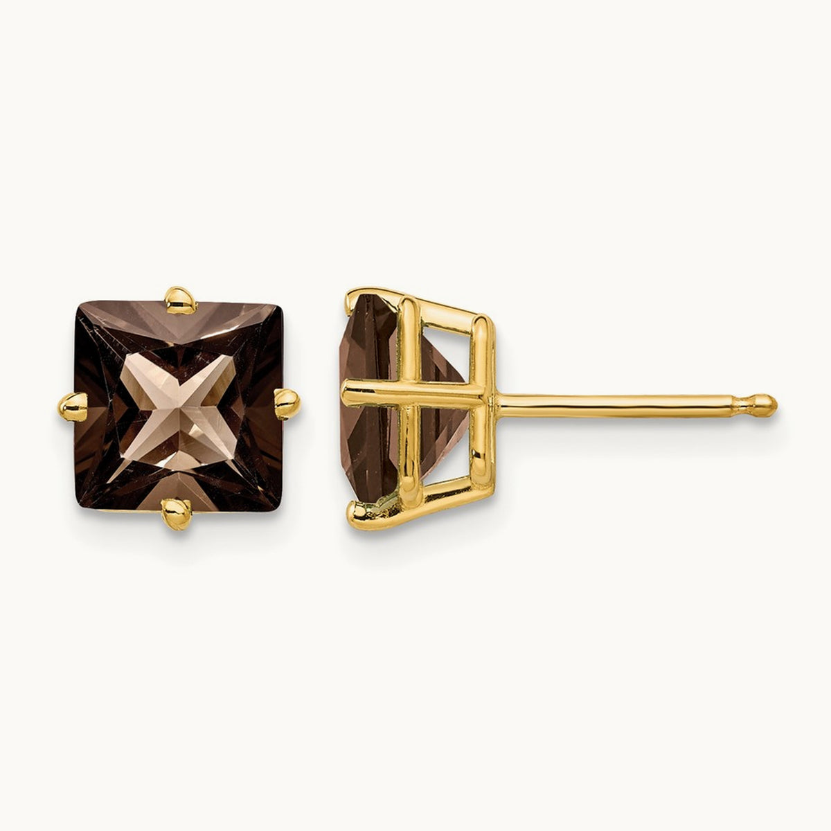 Square Smoky Quartz Earrings, 7mm, 14K