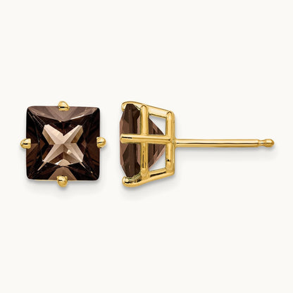 Square Smoky Quartz Earrings, 7mm, 14K