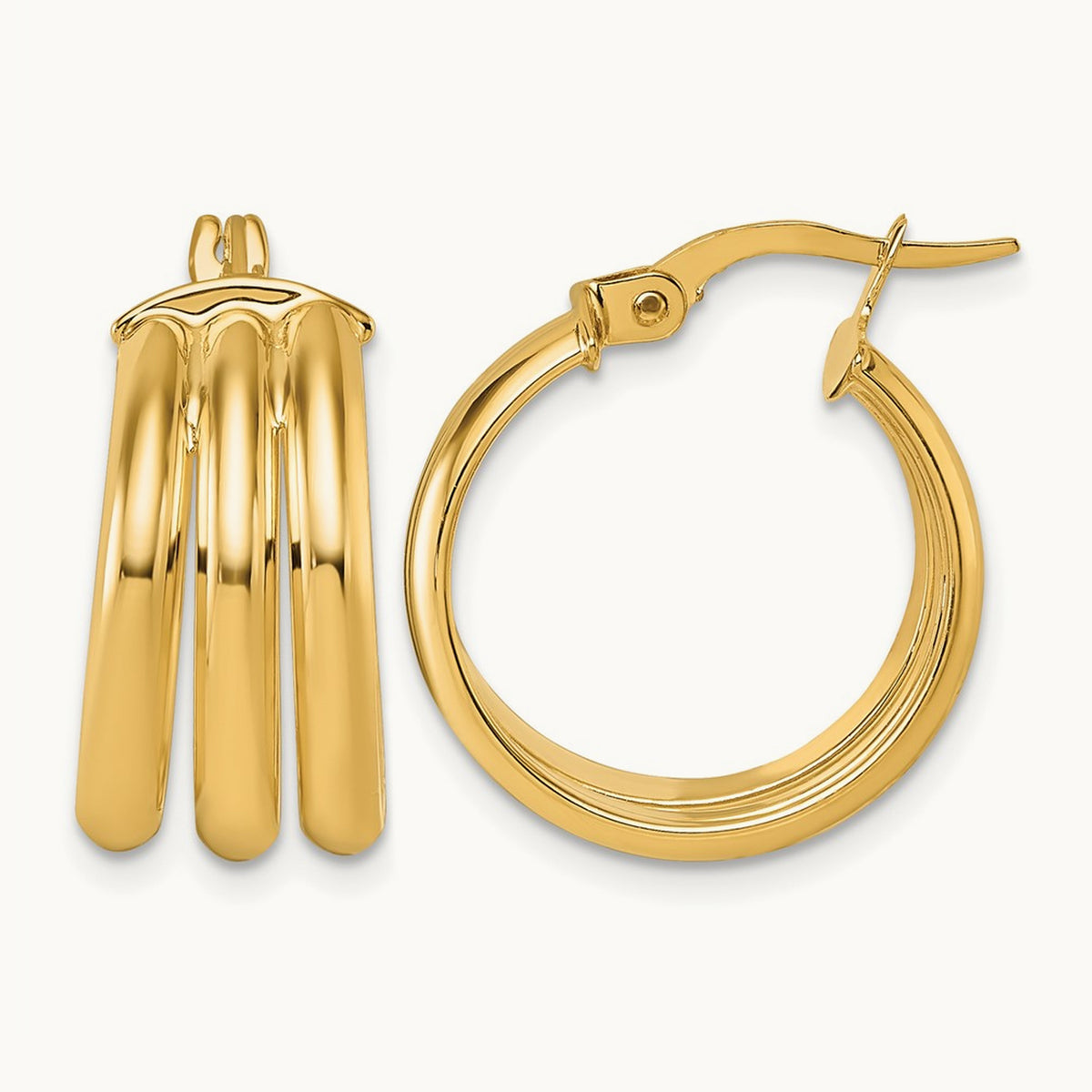 Polished Triple Row Hoop Earrings, 14K