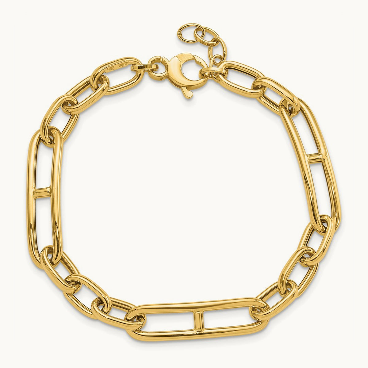 Polished Fancy Paperclip Link w/.5in ext. Bracelet, 14K