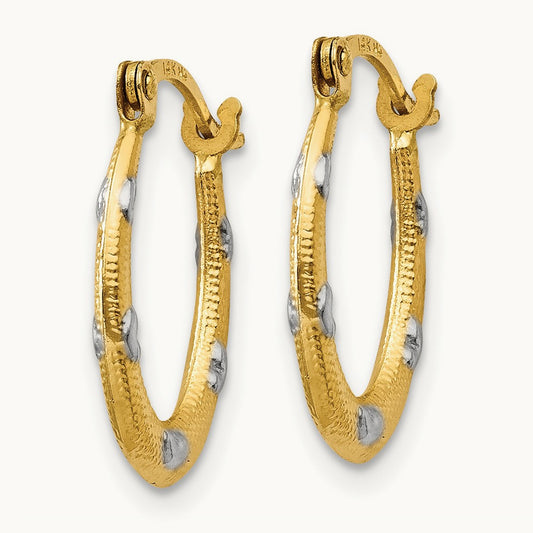 Rhodium Textured Hollow Oval w/ Hearts Hoop Earrings, 14K
