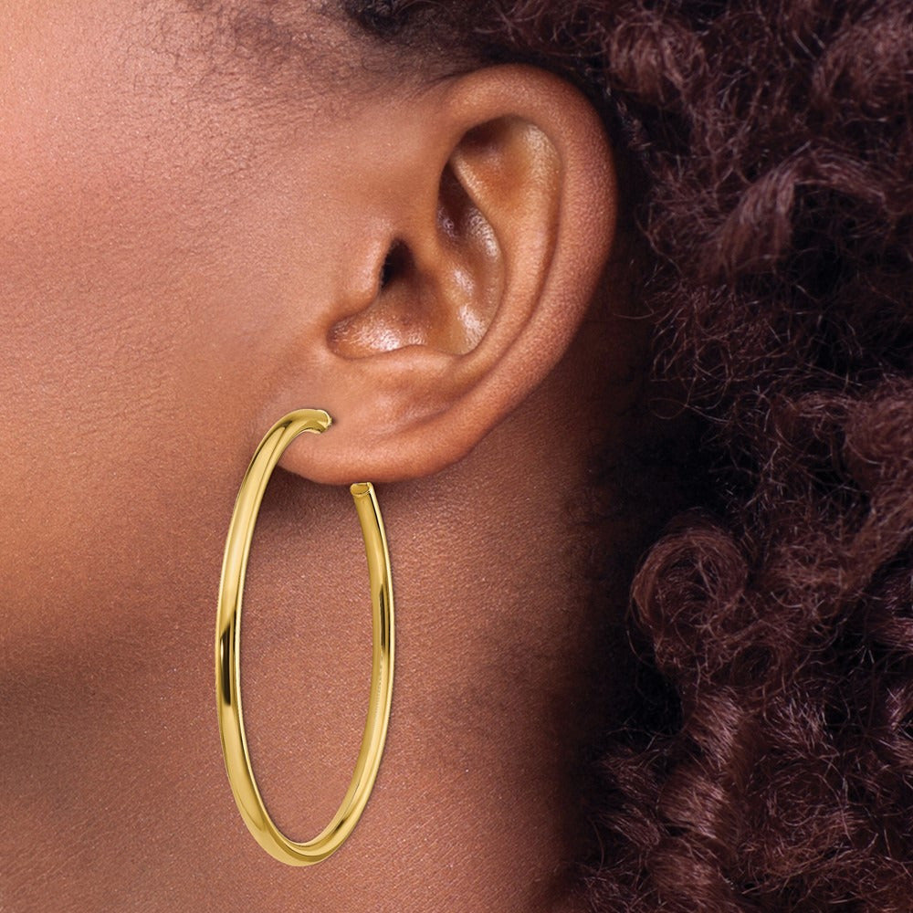 Polished Round Omega Back Hoop Earrings — 14K Yellow Gold, 3x57mm