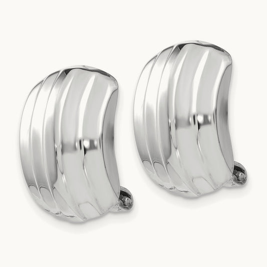 Polished Ribbed Non-pierced Omega Back Earrings, 14K White Gold