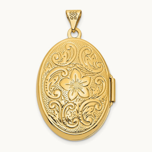 Reversible Floral Swirl Design Oval Locket, 26mm, 14K Yellow Gold