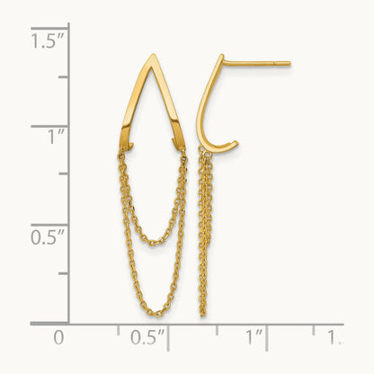 Polished V Design with Dangle Chain Post Earrings, 14K