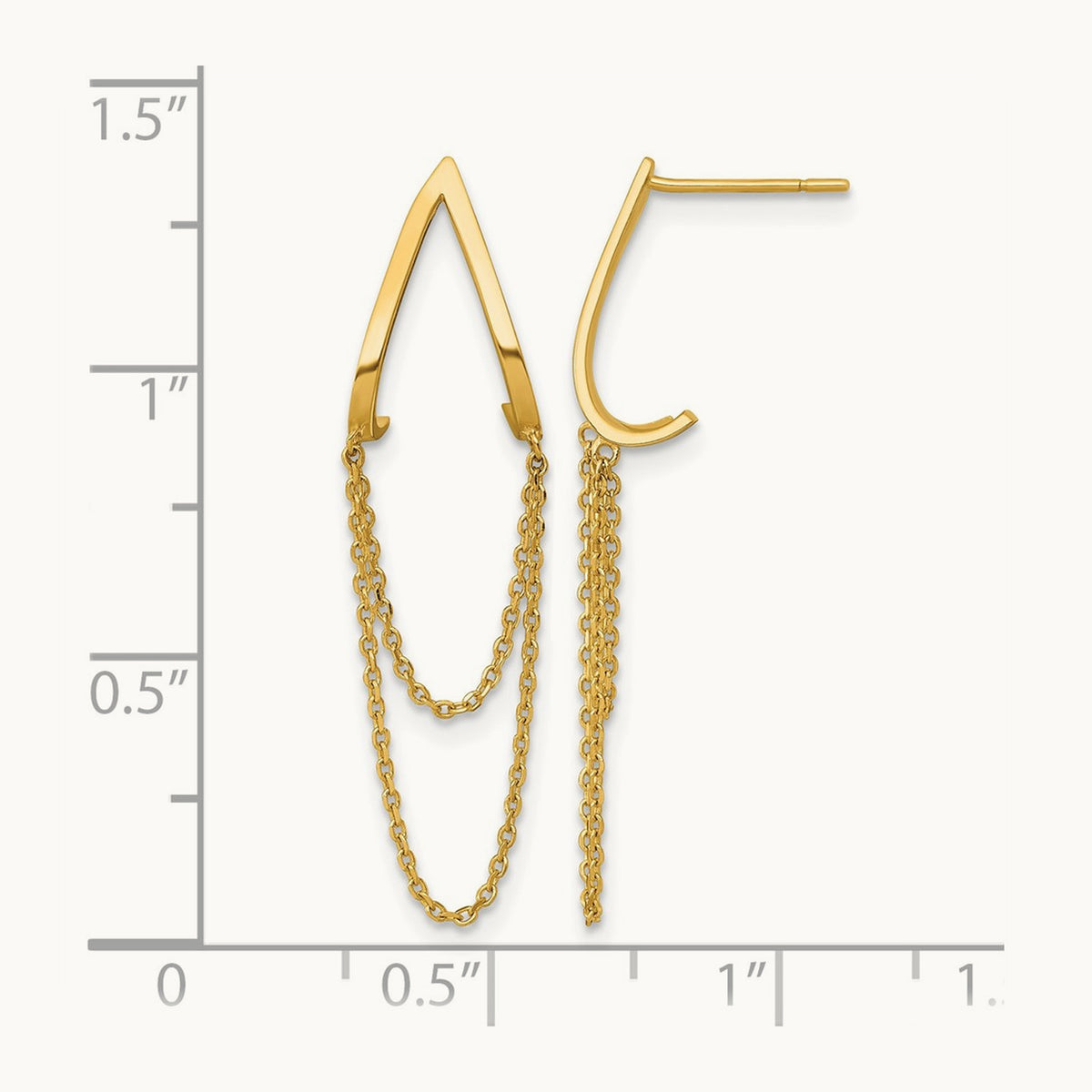 Polished V Design with Dangle Chain Post Earrings, 14K