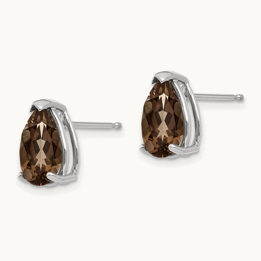 10x7 Pear Checker-Cut Smoky Quartz Earrings, 14K White Gold