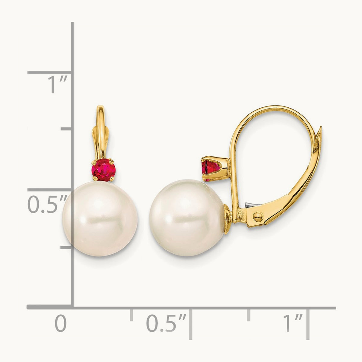 8- White Round FWC Pearl Ruby Leverback Earrings, 8.5mm, 14K