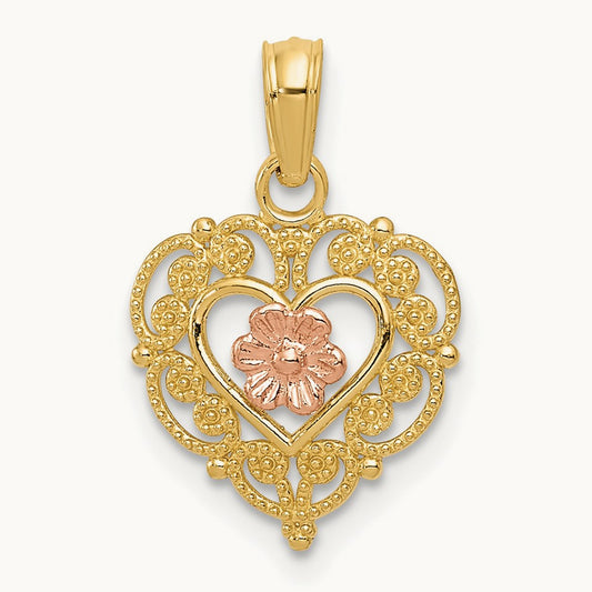 Polished Flower in Fancy Border Heart Pendant, 14K Two-tone