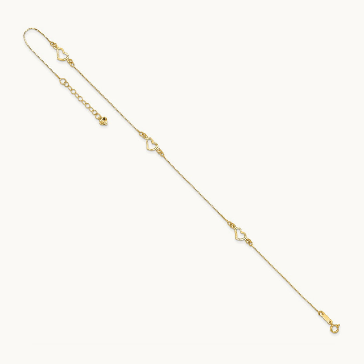 Diamond-cut Heart 10in Plus 1in ext. Anklet, 14K