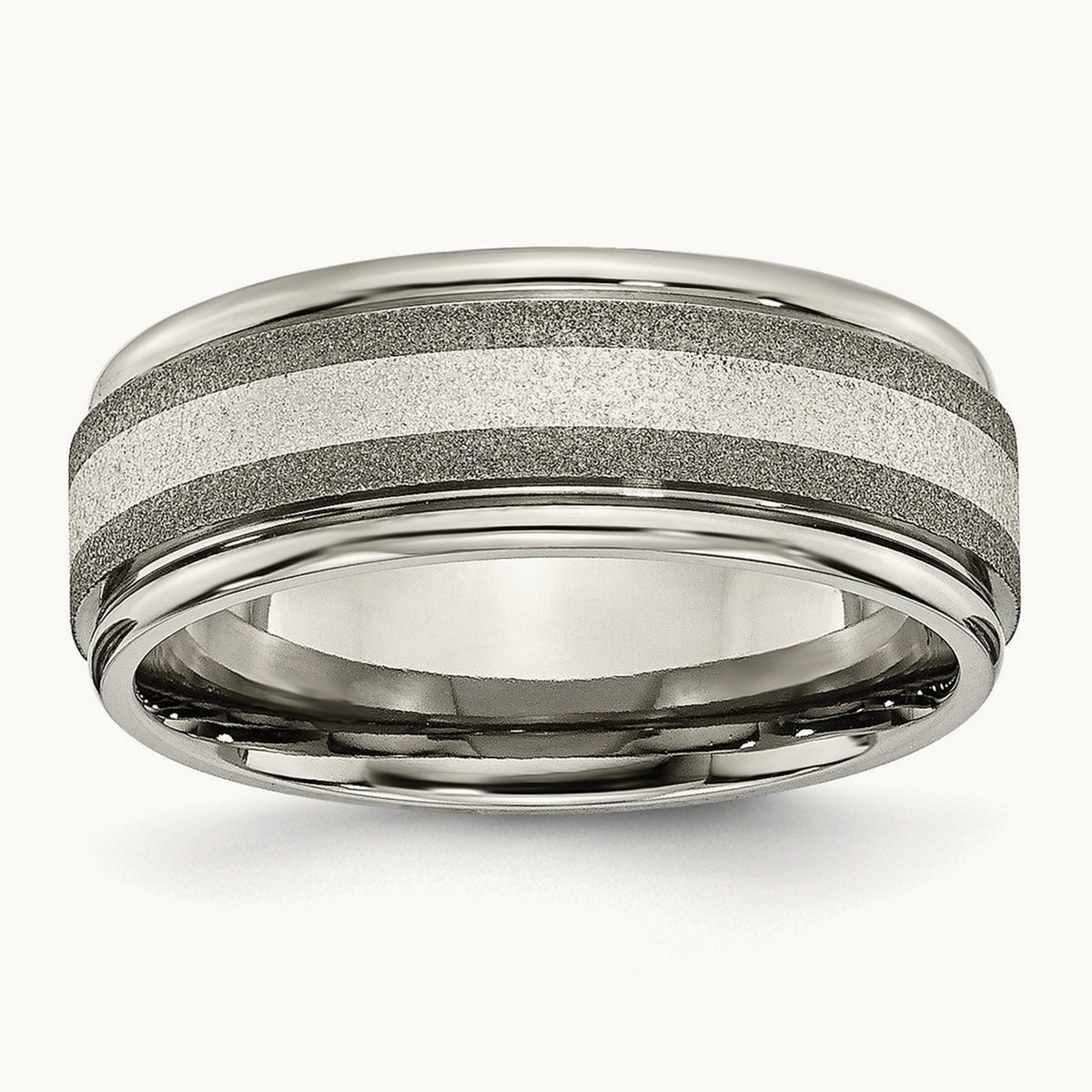 Polished w/Sterling Silver Inlay Stone Finish Center Grooved Band, Titanium