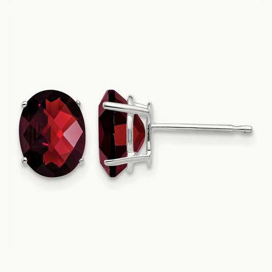 8x6mm Oval Garnet Checker Earrings, 14K White Gold