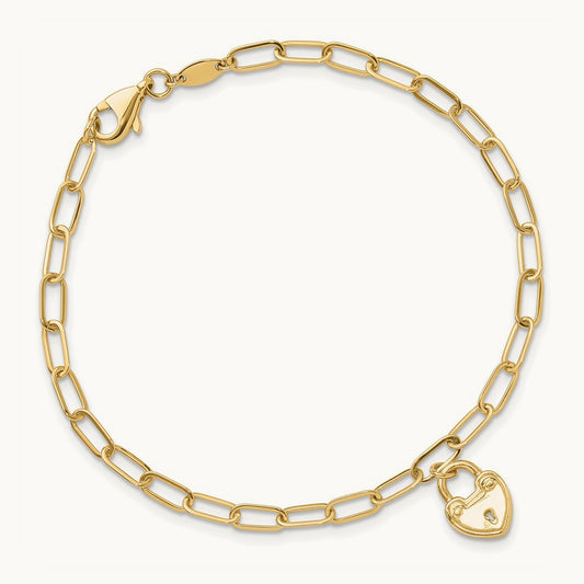 Polished Heart Lock Charm Paperclip Link Bracelet, 14K
