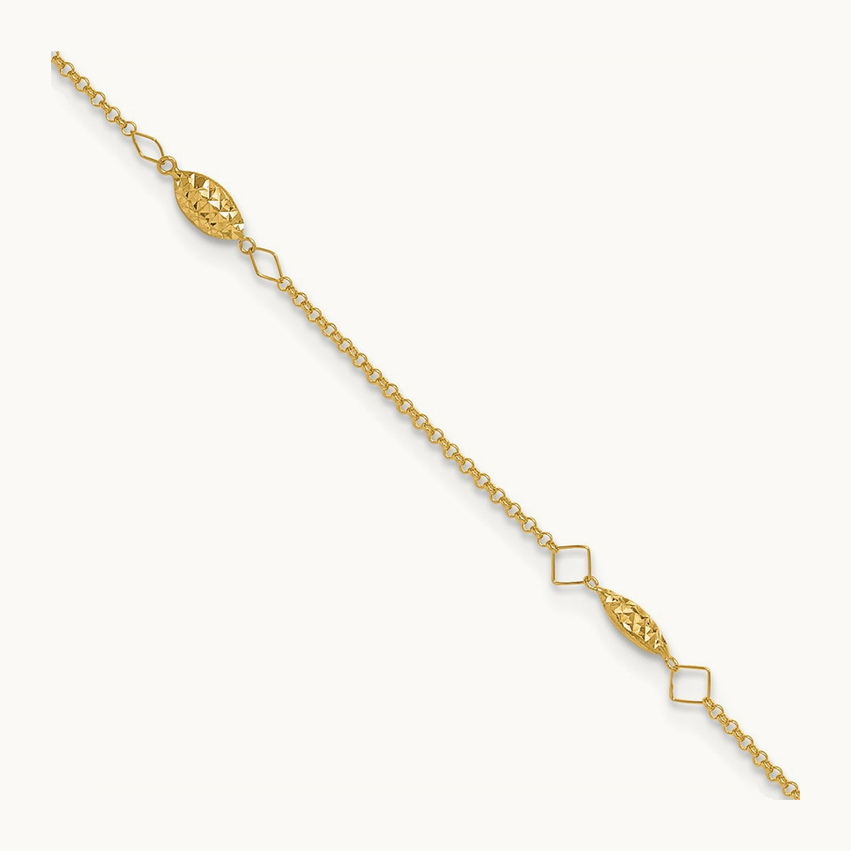 Circle Chain Diamond Cut Rice Puff Beads 10in Plus 1in Ext Anklet, 14K