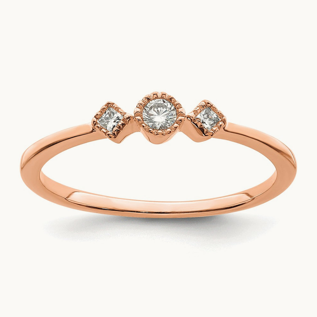 Petite Beaded Edge Round/Princess Complete Diamond Ring — 14K Rose Gold, 7