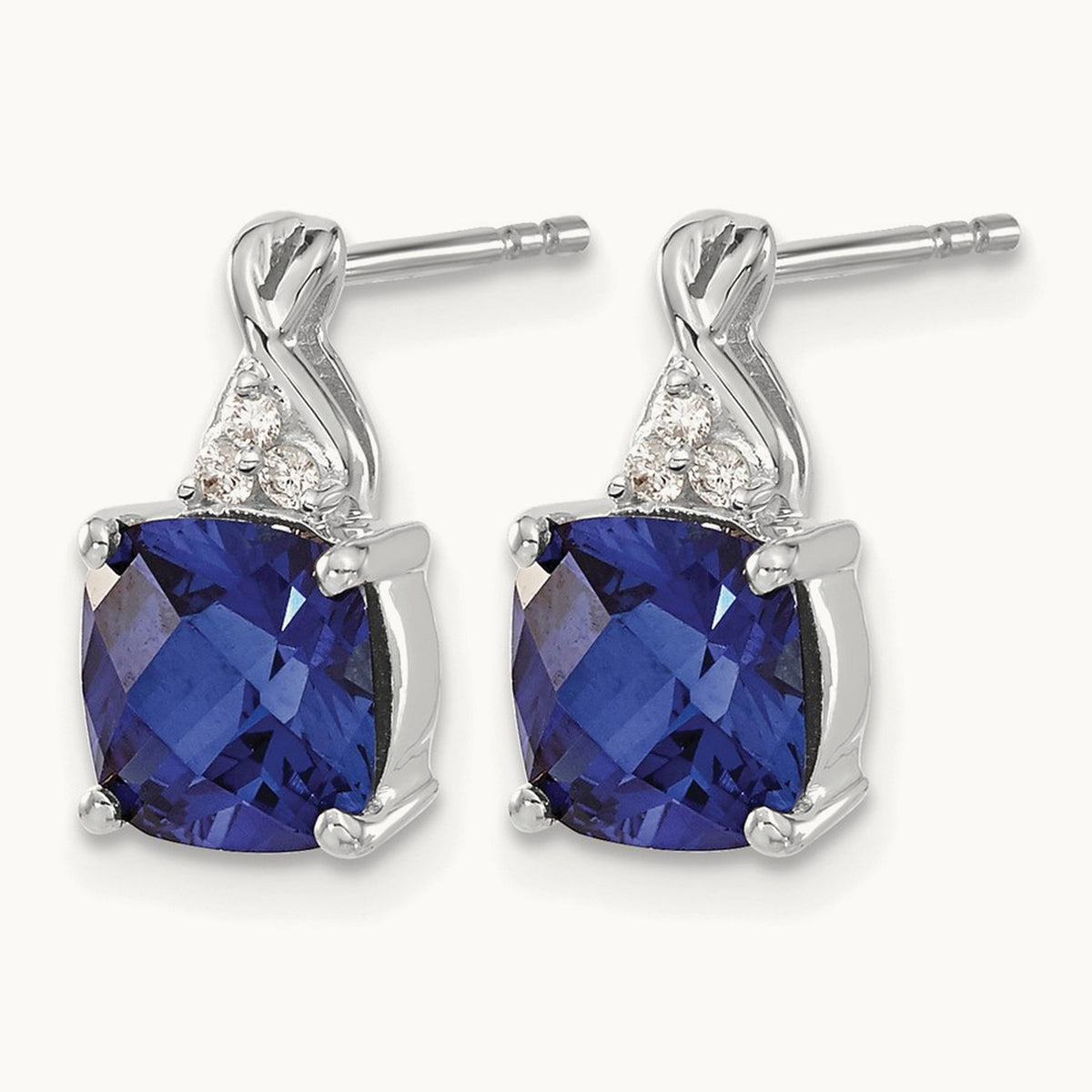 Checkerboard Created Sapphire and Diamond Earrings, 14K White Gold