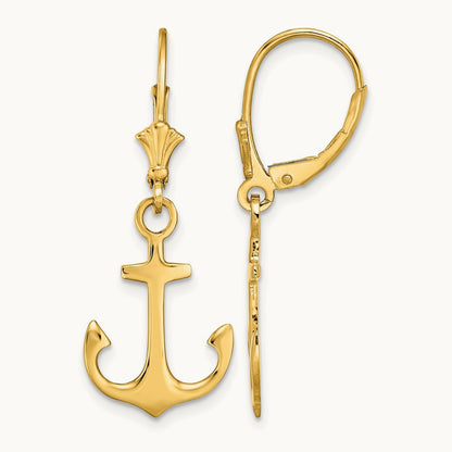 2-D Polished Anchor Leverback Earrings, 14K
