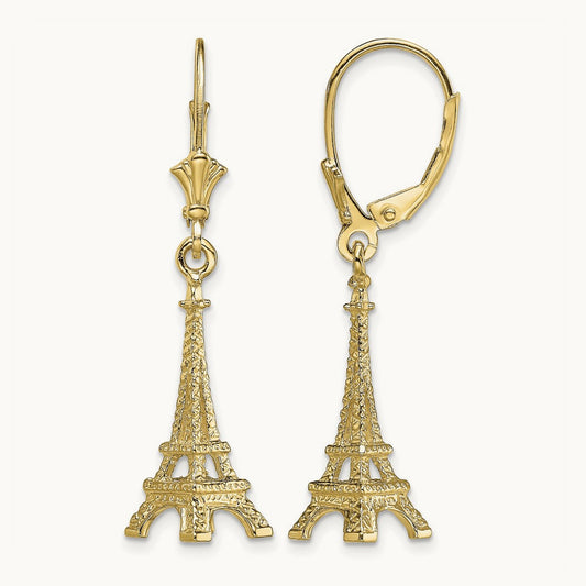 3-D Eiffel Tower Leverback Earrings, 14K