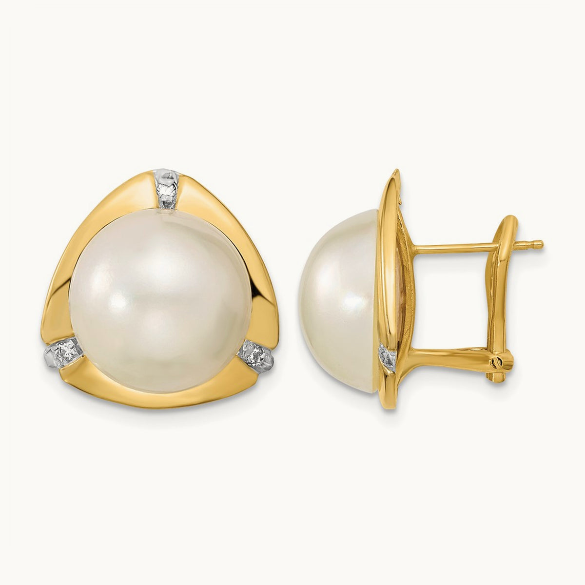 12- White Saltwater Mabe Pearl .06ct Diamond Omega Back Earrings, 13mm, 14K